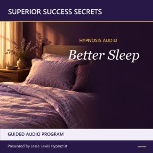 Superior Success Secrets Better Sleep hypnosis audio cover showing a calm bedroom with lavender linen and warm evening light.
