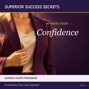 Superior Success Secrets Confidence hypnosis audio cover showing a person in a plum blazer adjusting a lapel, with a purple and gold design.